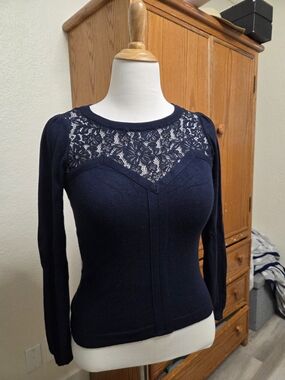 NAF NAF Navy Lace Yoke Long Sleeve Top